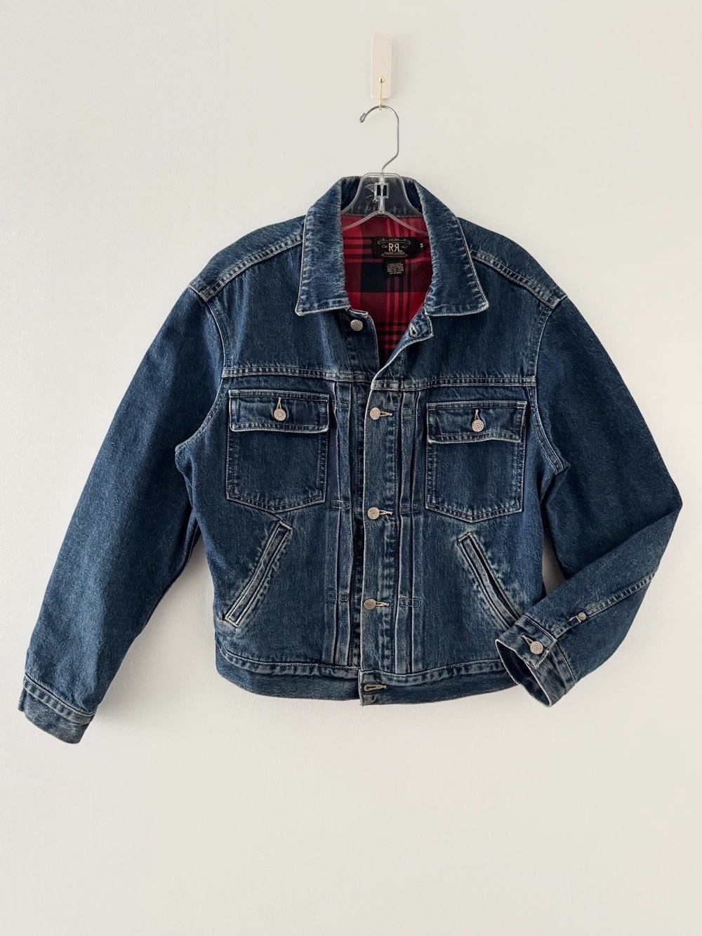 SzM Ralph Lauren Double RL Indigo Denim Jacket with Red Plaid Lining